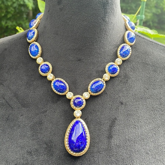 Christian Dior Lapis Lazuli Glass Cabochon Necklace and set  Earrings 80’s RARE - Picture 3 of 13